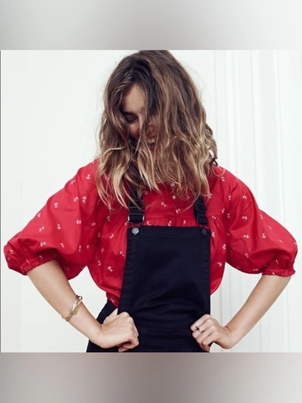 Madewell Red Floral Cotton Peasant Blouse Puff Sleeve Boho Top Small